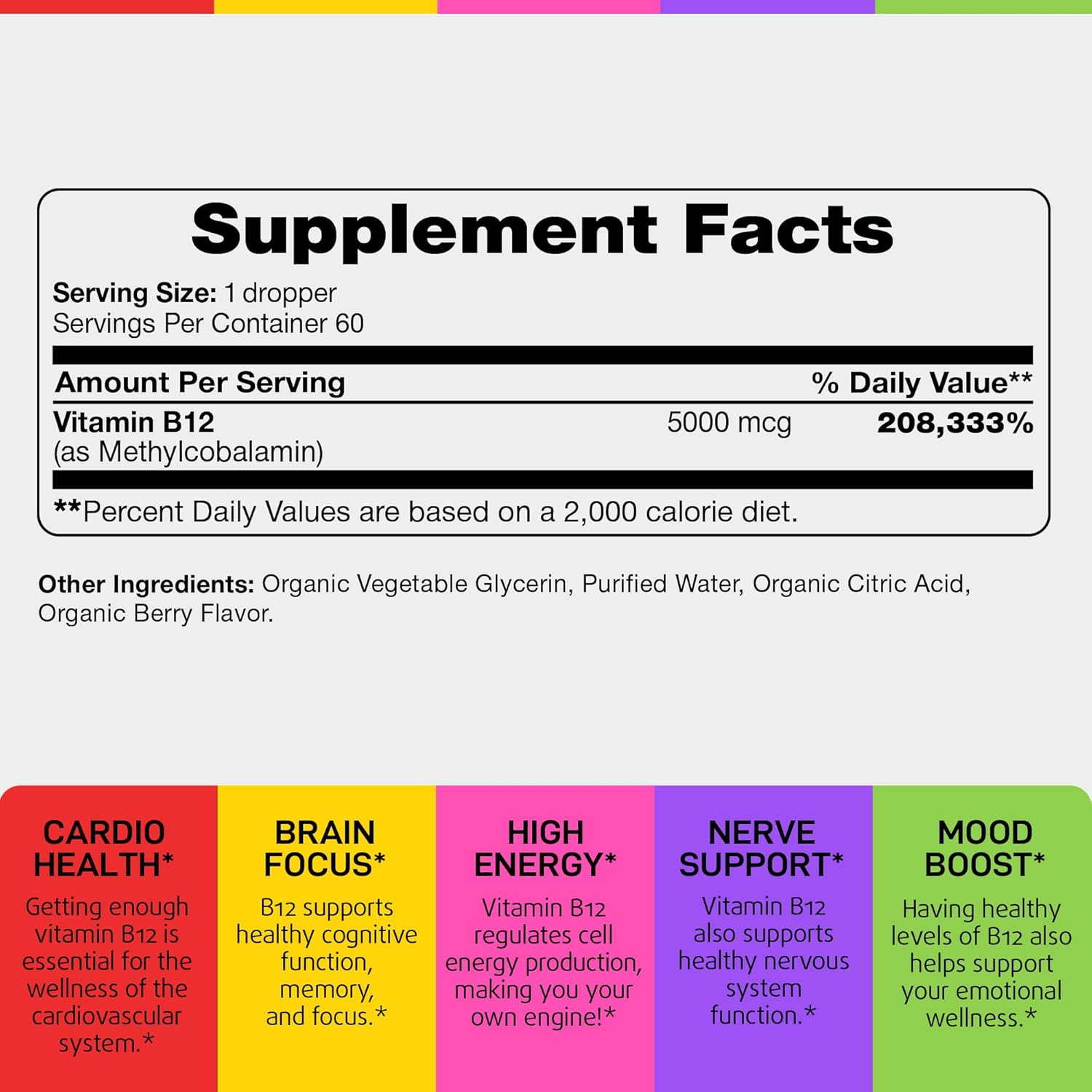 Organic Vitamin B12 Liquid Drops - Methylcobalamin 5000 mcg Sublingual - Organic B 12 Methylated for Women & Men - Vegan Vit B12 for Energy, Brain & Nerve System Support (under tongue use) - 2 fl oz - Image 2