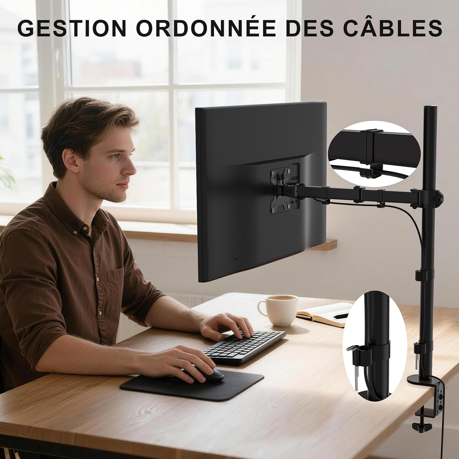 WALI Support Ecran PC Bras Simple pour Moniteurs 32 Pouces, Rotatif Pivotant, 10kg, VESA 75/100 mm