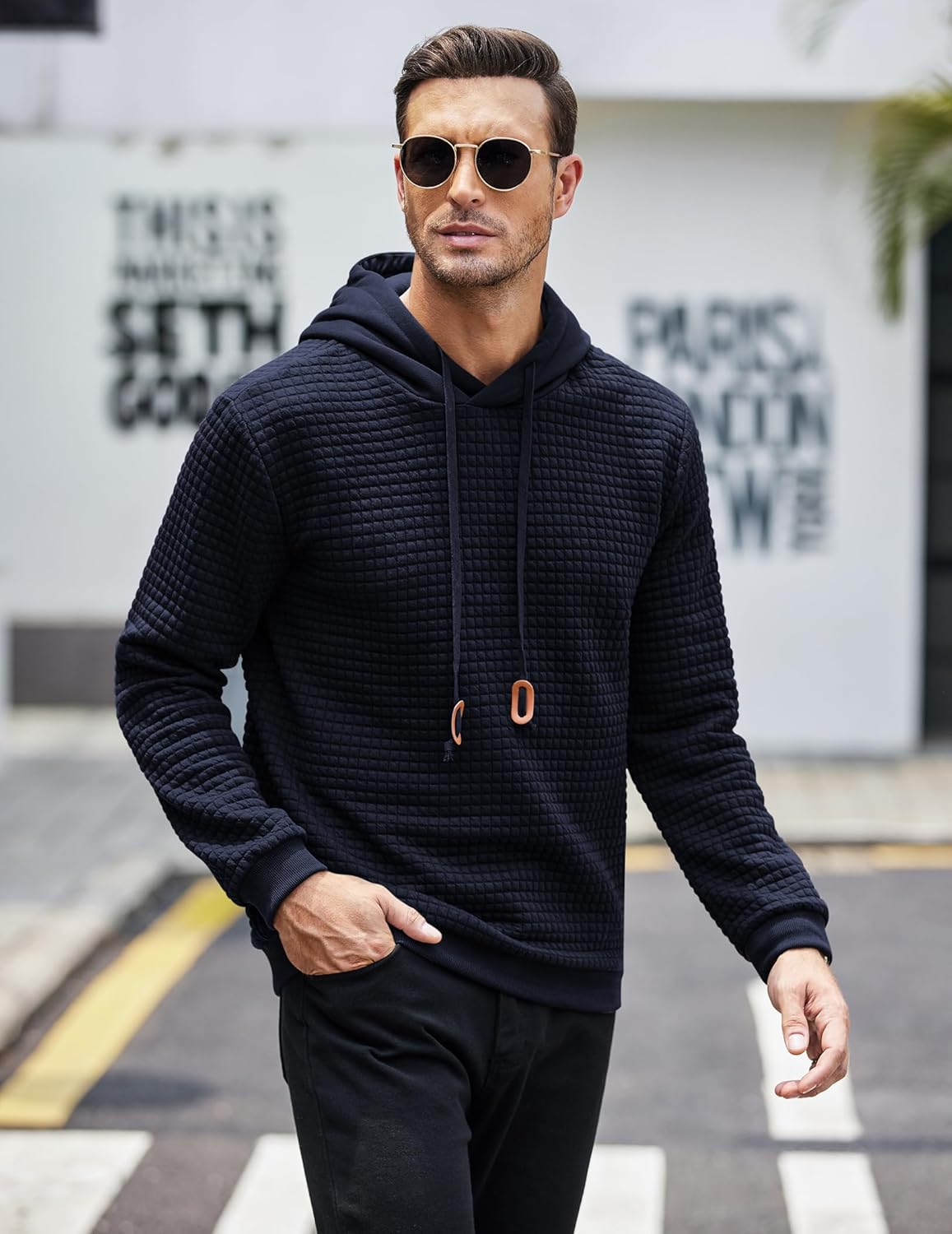 COOFANDY Mens Hooded Sweatshirt Casual Long Sleeve Drawstring Waffle Knit Pullover Hoodies - Image 3