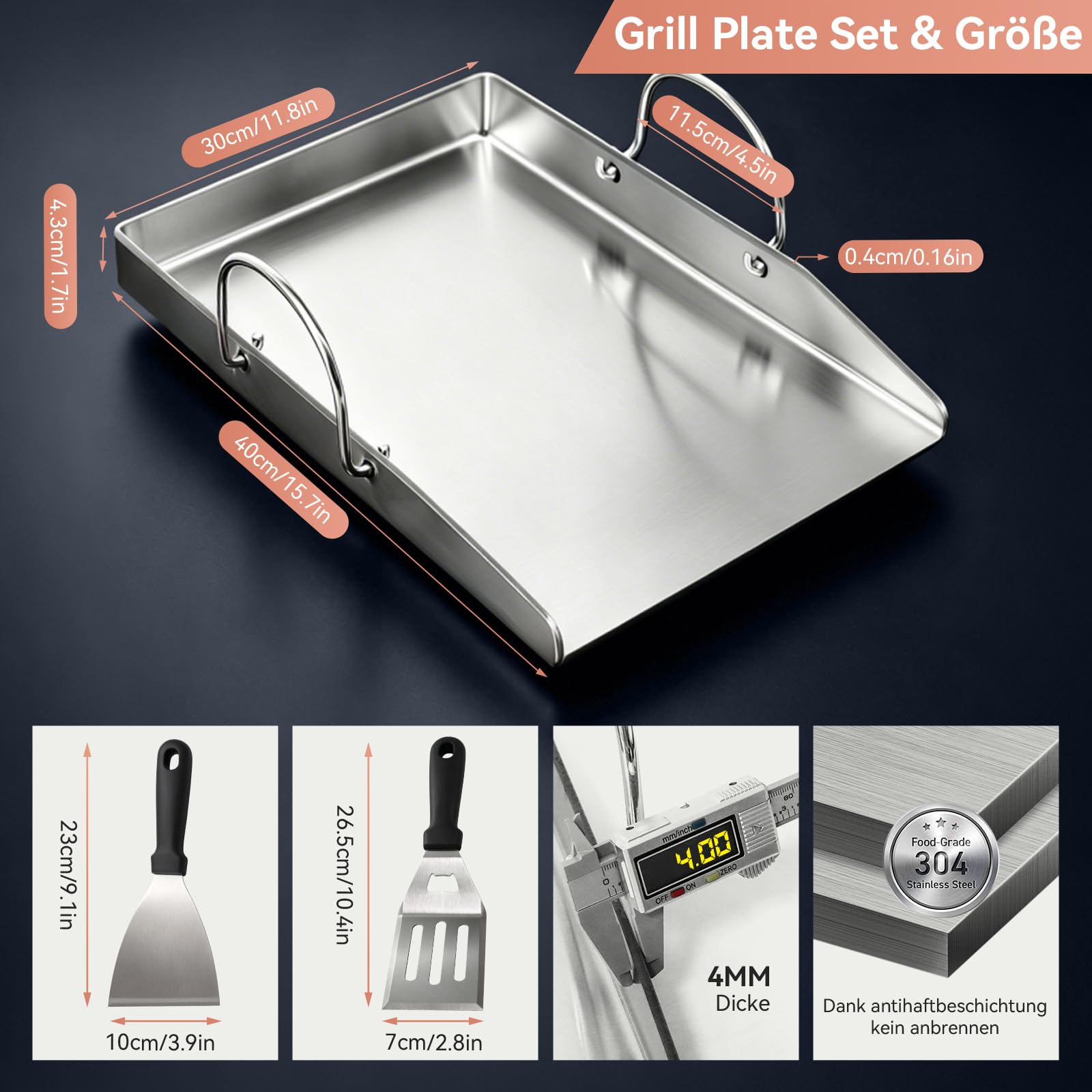 Piastra Plancha con 2 spatole per barbecue a gas e barbecue a carbonella, 40 x 30 x 4 cm, in acciaio inox, con manici rimovibili
