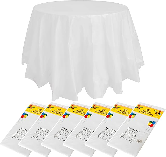 ZeriTlolen 6 Pack Round Disposable Table Cloth 84" Plastic White Disposable PEVA Water Resistant Table Cloths Table Cover for Wedding Banquet Restaurant BBQ Party Fine Dining Wedding Outdoor