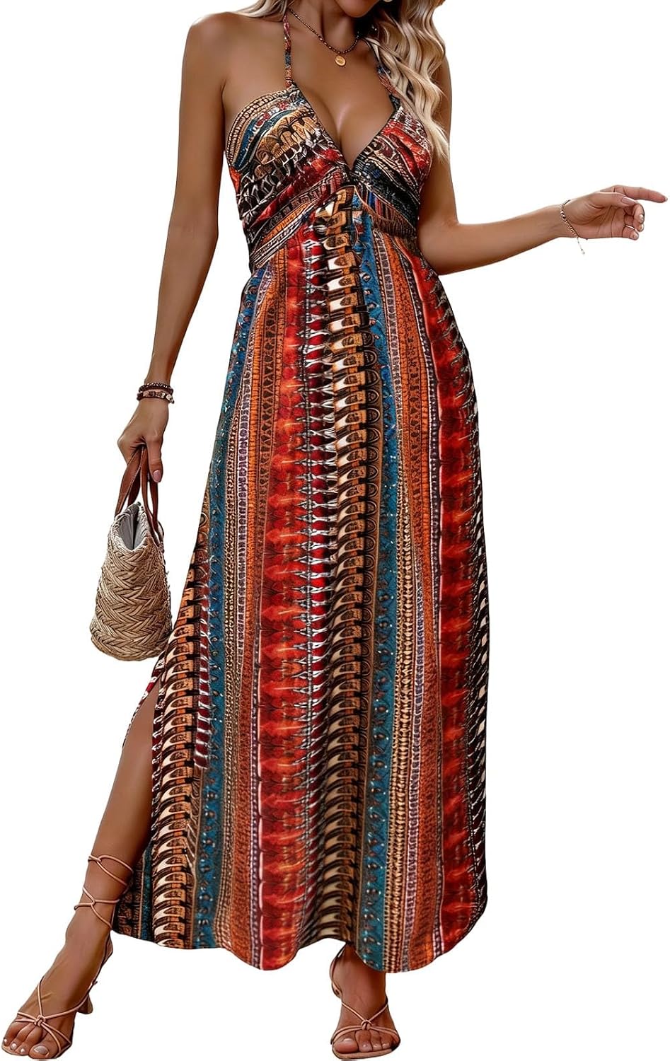 Women’s Boho Halter Flowy Maxi Dress, Backless Sexy Tie Back Sleeveless Beach Vacation Dresses