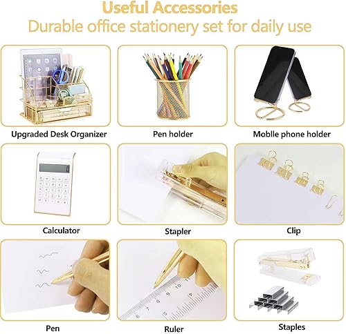 Miniatura 6 de yuun Organizadores de escritorio y accesorios de 9 piezas, organizador de oficina dorado y suministros para mujeres con grapadora acrílica, juego de