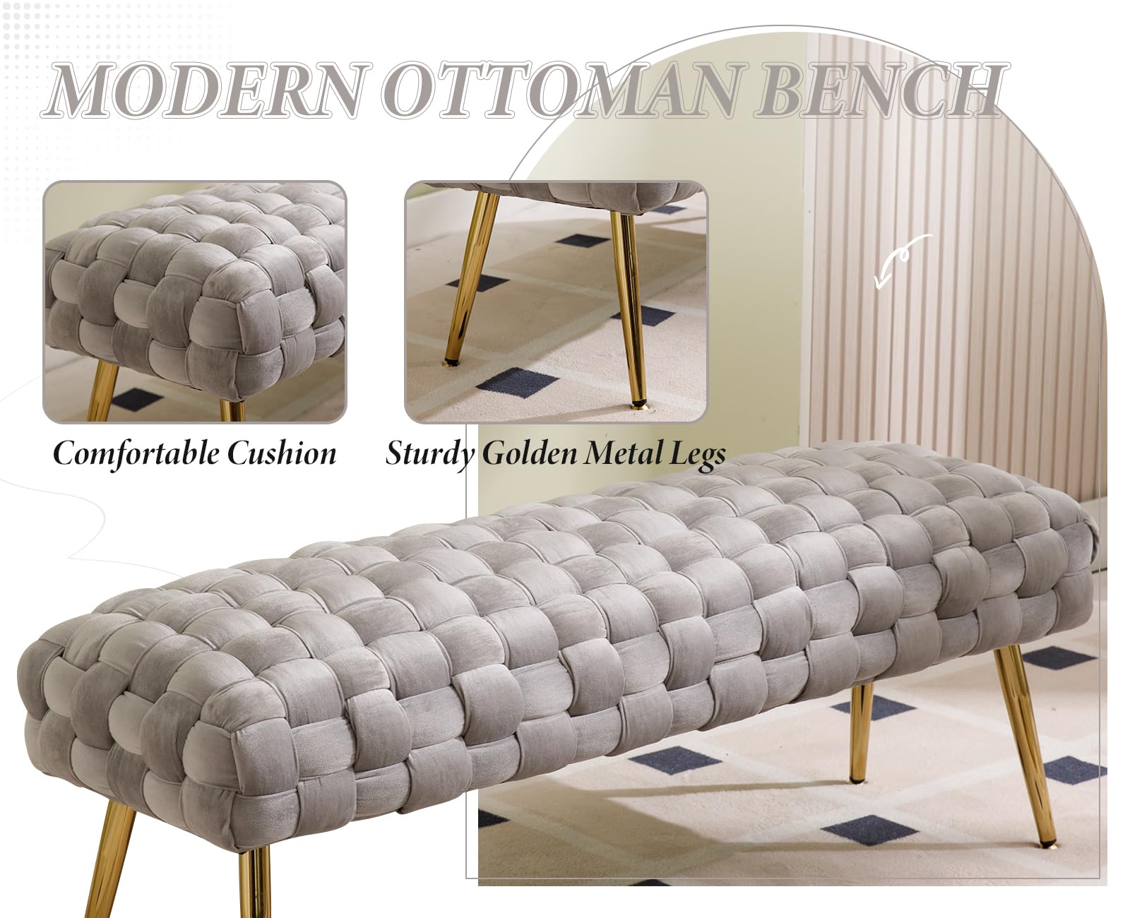Ya-Home Banquette en Velours Banc Entrée Bout de Lit avec Pieds en Métal Doré Banc Ottoman pour Chambre Salon, Gris