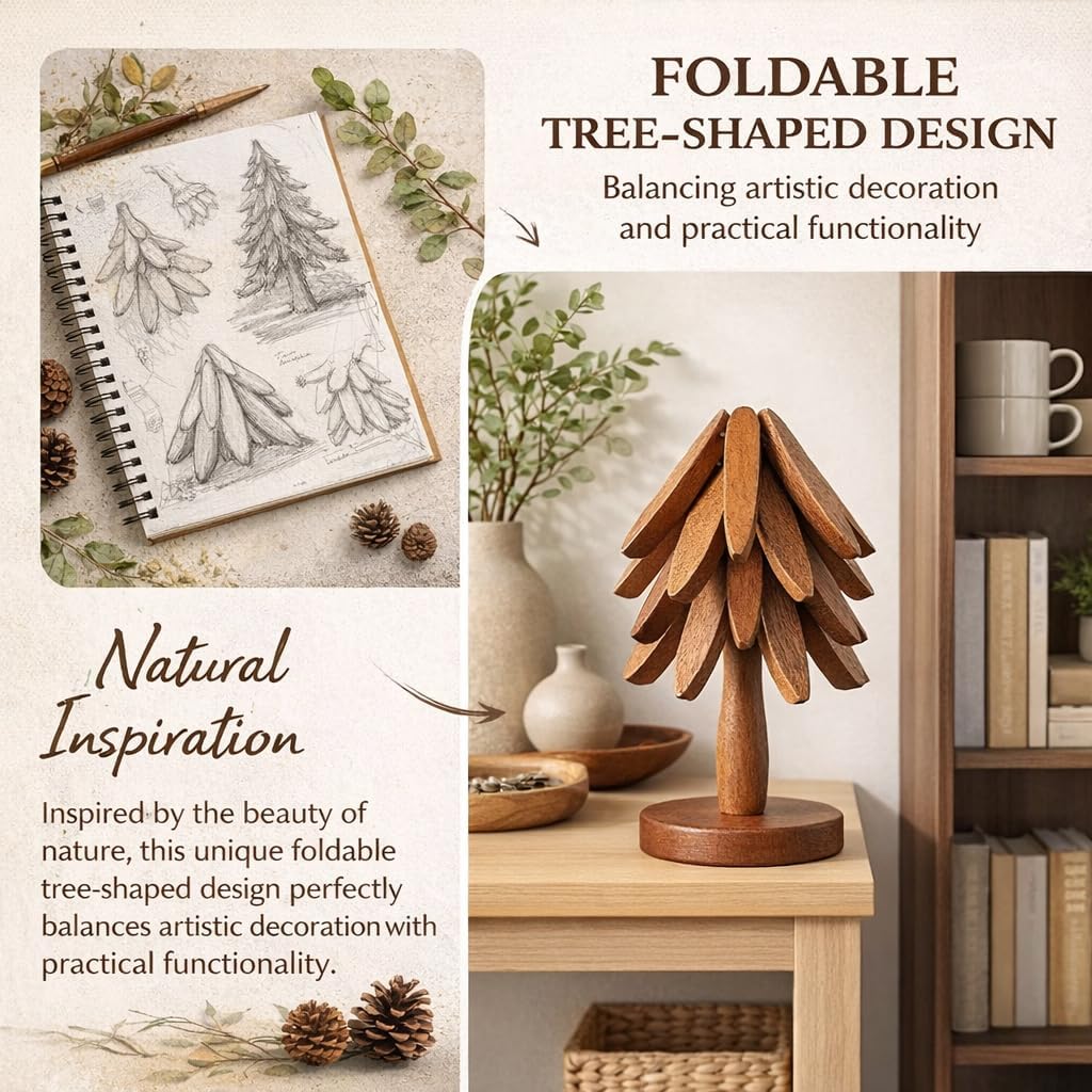 Wooden Trivets for Hot Dishes, Foldable Tree Trivet Set with Stand, 4-Layer Walnut Wood Trivet for Pots, Pans, Coffee & Teapot, Space Saving Table Protector for RV, Decorative Kitchen Decor & Gift