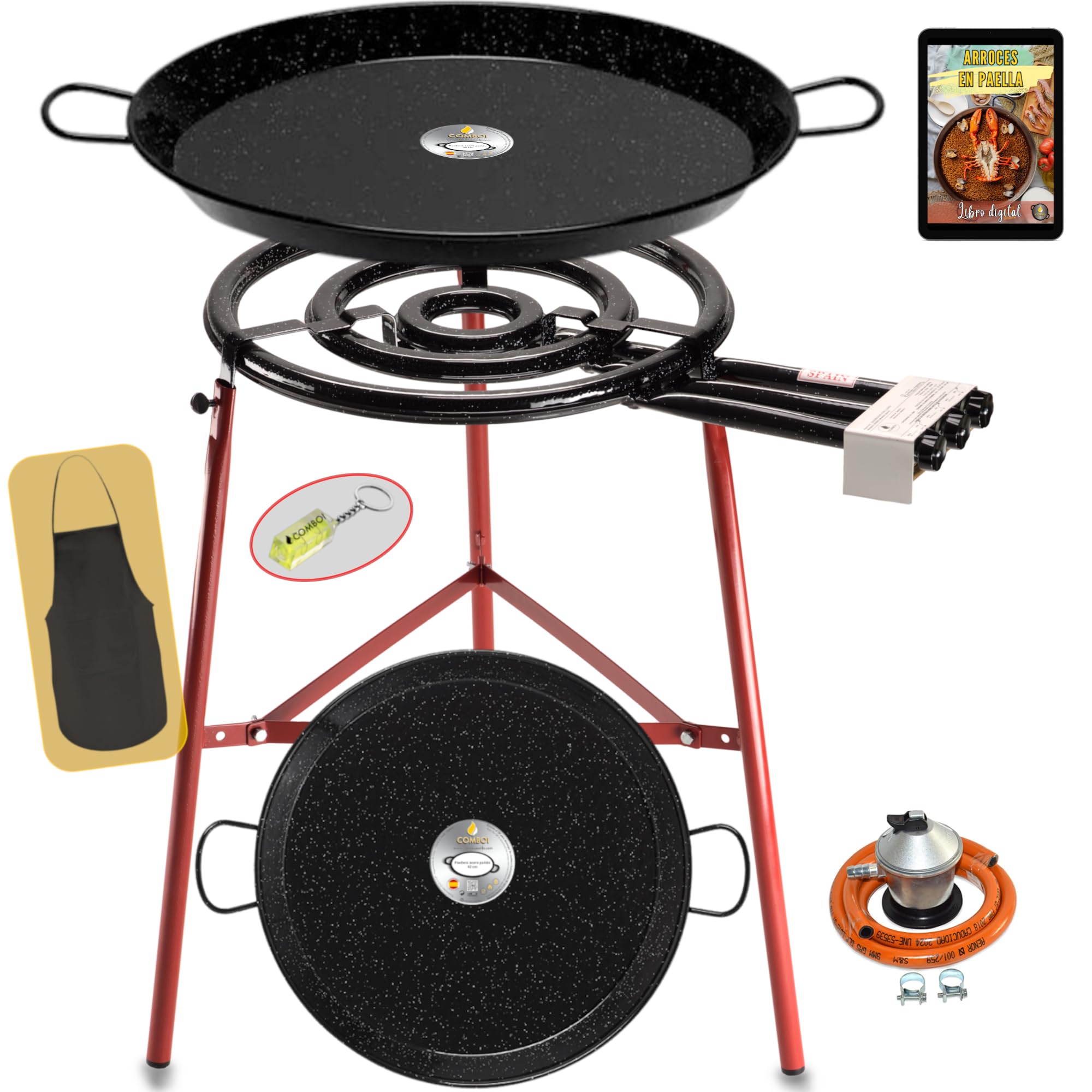COMBOI Kit Paellero Pro-E 53 cm, Bruciatore a gas butano-propano, Paellera smaltata 70 e 42 cm, Regolatore, Tube, Gambe rinforzate, Livello, Grembiule, Libro ricette digitali