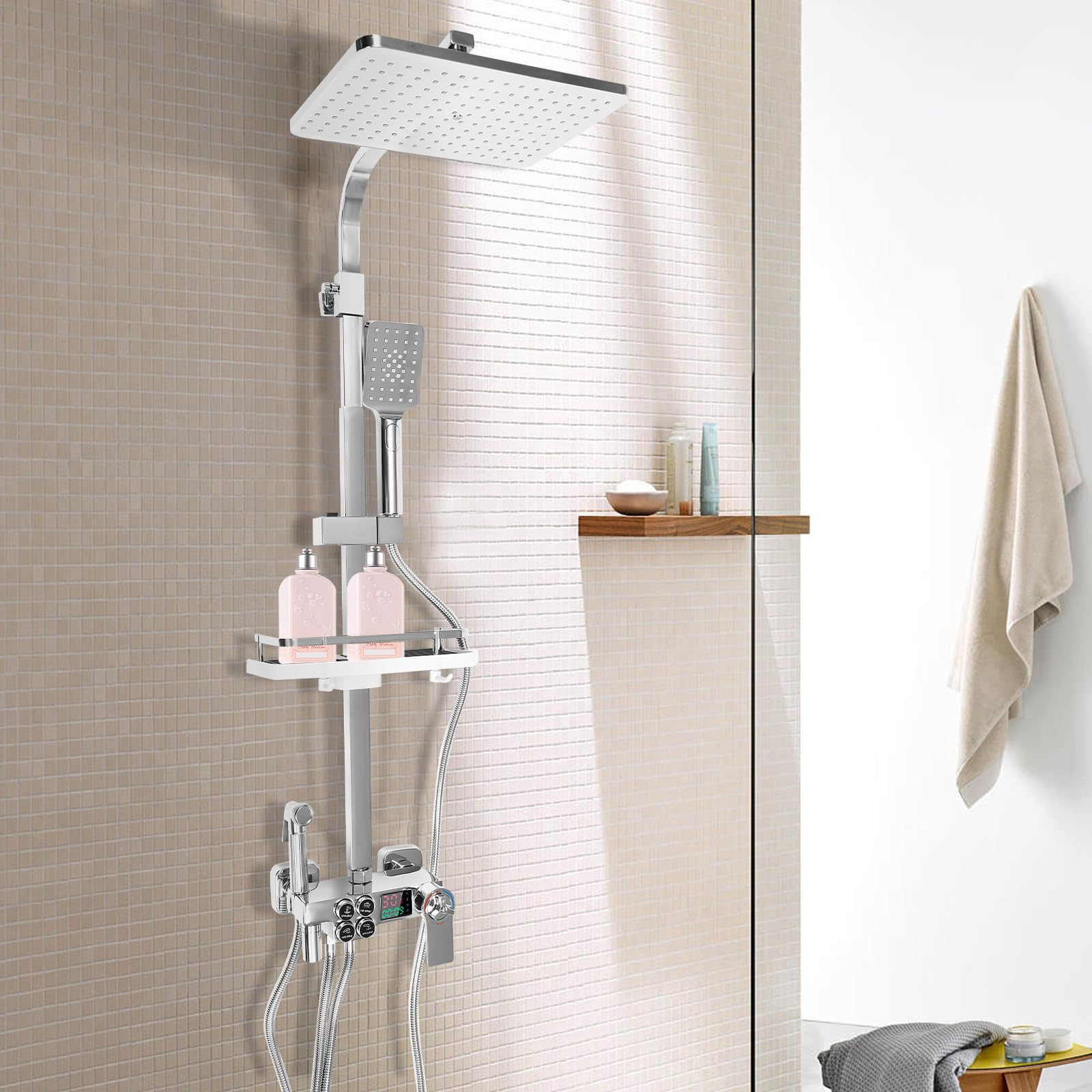 System prysznicowy, termostat, deszczownica, LCD, regulacja wysokości 73-116 cm
