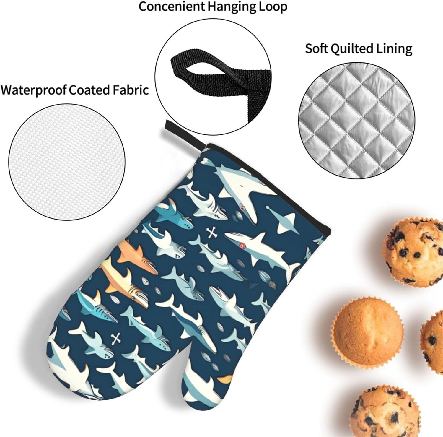 Sharks Nautical Print Heat Resistant Microwave Gloves, Used for Baking, Cooking, and Fashion Kitchen Essentials