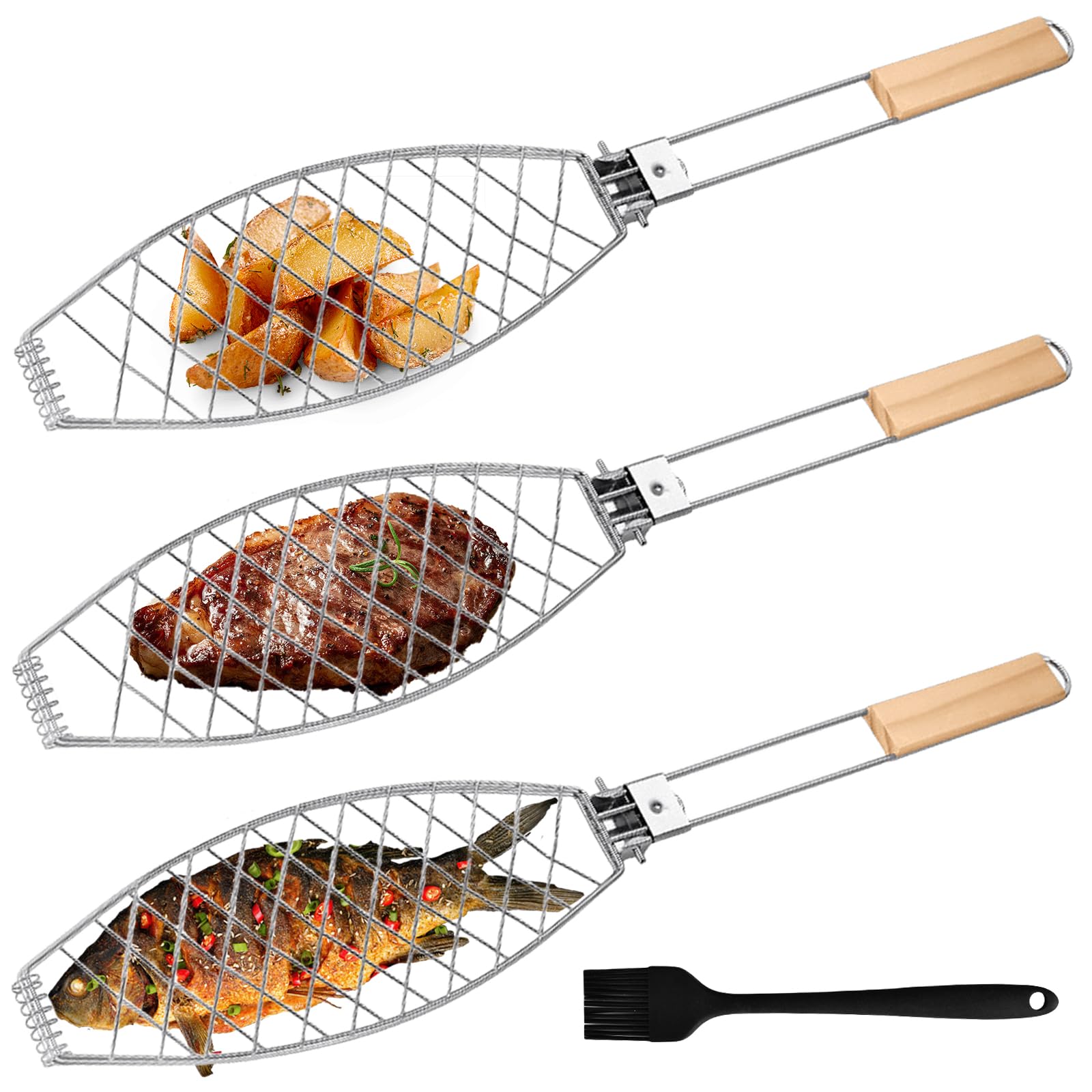 3 supporti per barbecue con manico in legno, 63 x 12 cm, grandi arrosti per pesce con manico in metallo, per barbecue e barbecue