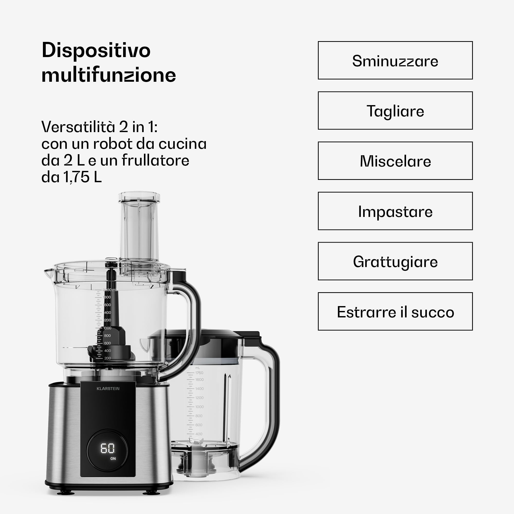 Klarstein Verosteel Robot da Cucina con Frullatore - Robot da cucina multifunzione da 1200 W, ciotola da 2 L, frullatore da 1,75 L, 10 velocità, 6 programmi, spremiagrumi e tritacarne