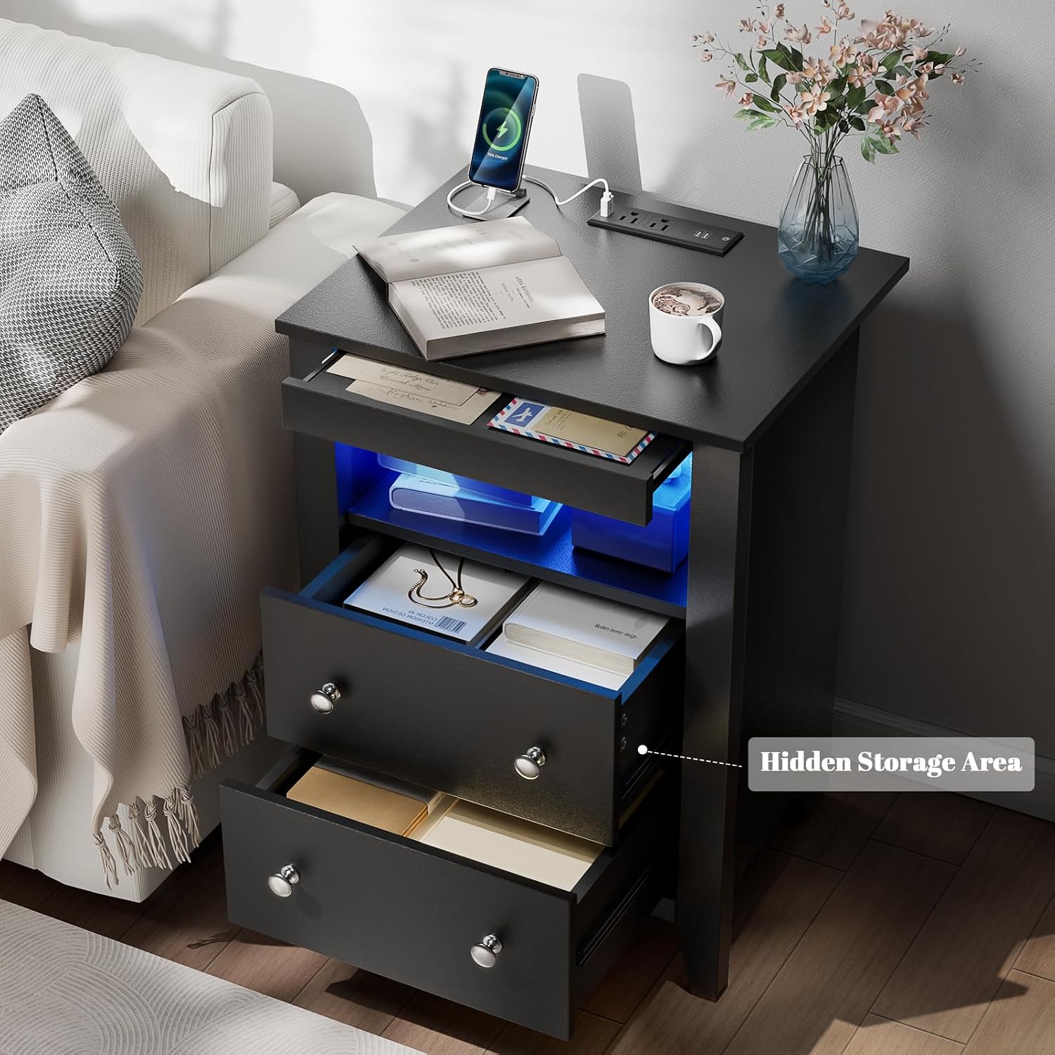 Loomie Black Nightstand with Gun Drawer, Night Stand with Charging Station & LED Lights, Bedside Table with Tray & 2 Drawers, End Side Table with Hidden Compartment for Valuables Storage
