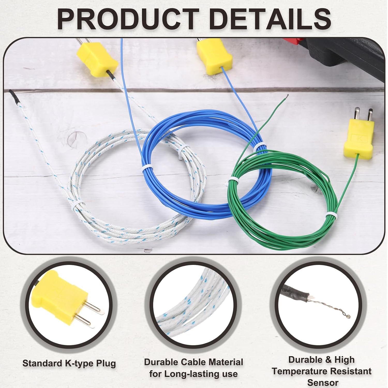 MECCANIXITY 5pcs K Type Thermocouple Probe Mini Connector Temperature Sensor Universal for TM-902C TES1310 Thermometer, -50-400C 13ft White