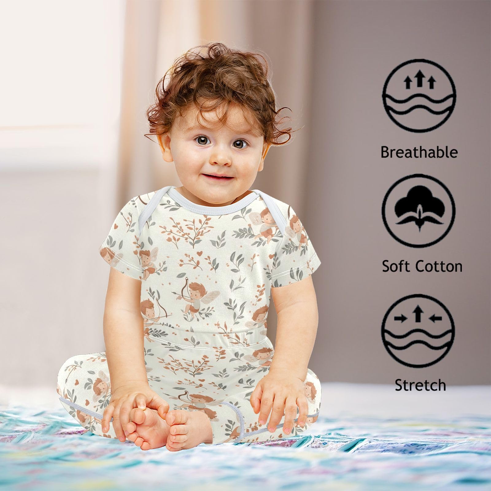 vvfelixl Baby Layette Sets Clothes,Cartoon Cupid Shooting Arrows Baby Bodysuits Set,Unisex Babys Pants Sets Short Sleeve 12-18M