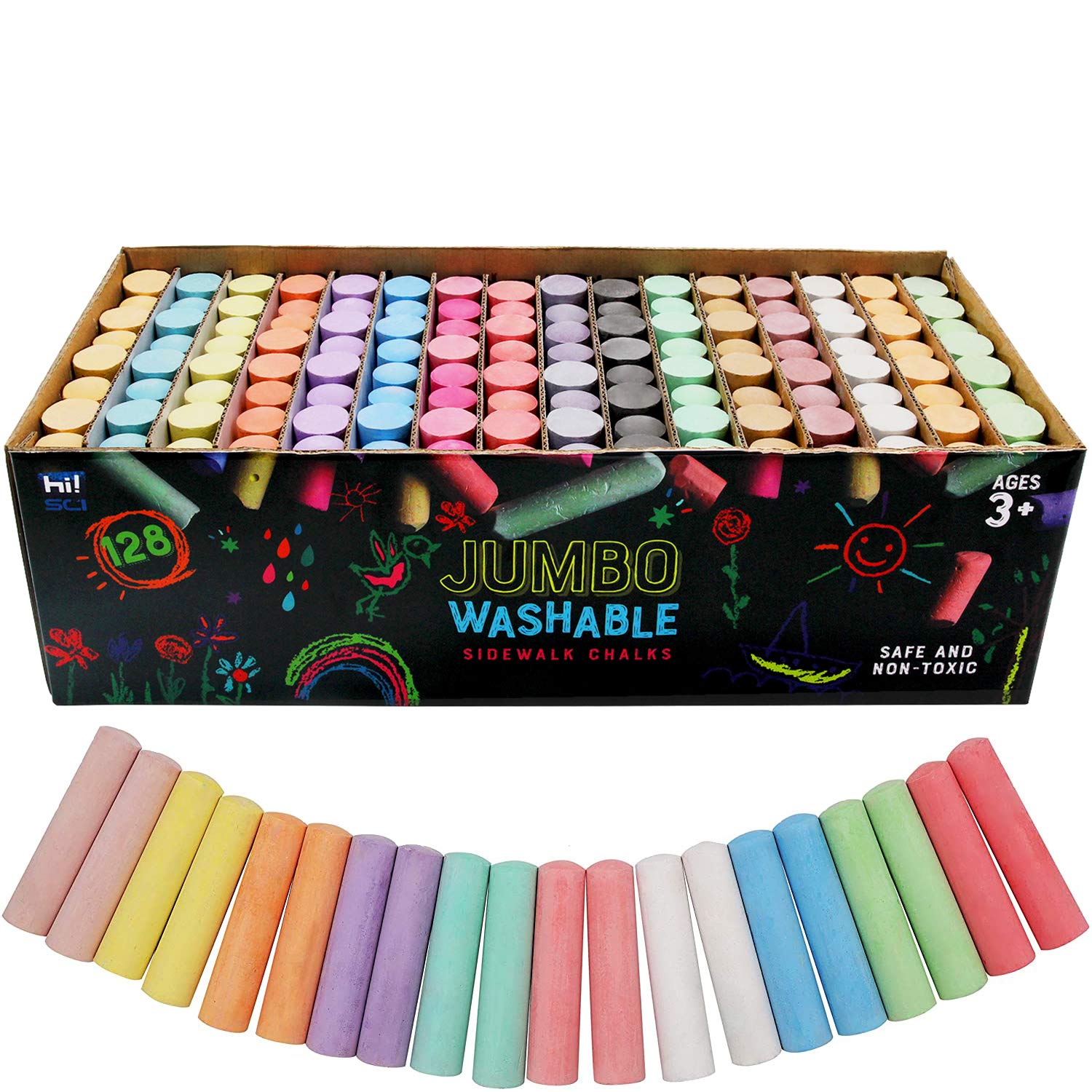 hi!SCI128 PCS 16 Colors Sidewalk Chalk Bulk Set for Kids, Non-Toxic Washable Jumbo Sidewalk Chalks
