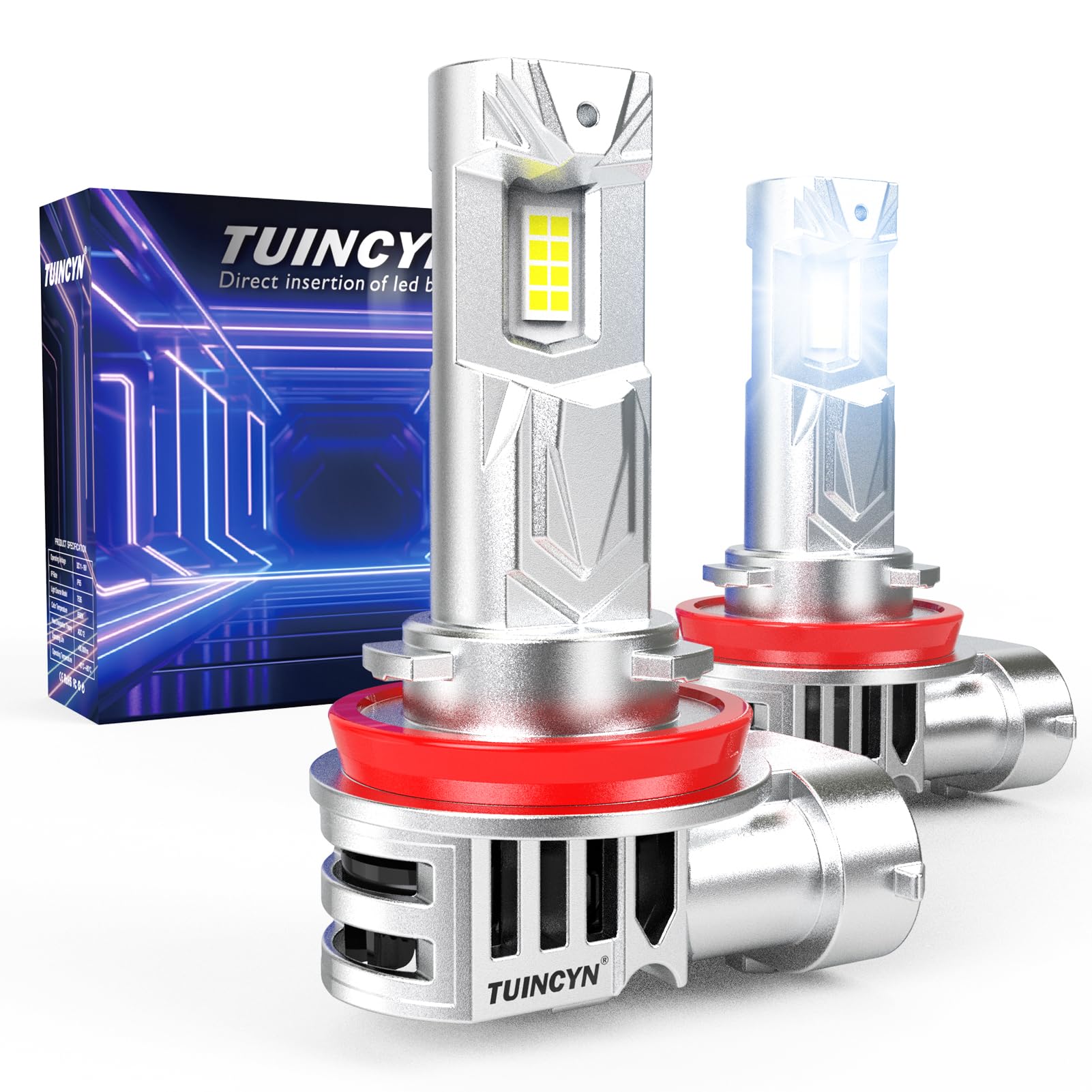 TUINCYN Bombilla H11 LED Canbus, 30000LM 600% Brillo 6000K Blanco, Lámparas LED H11 H8 H9 Faro Coche para Coche Moto Camiones, Anti Error 1:1 Mini Size Recambio para Xenón Halógena, 2 Bombillas