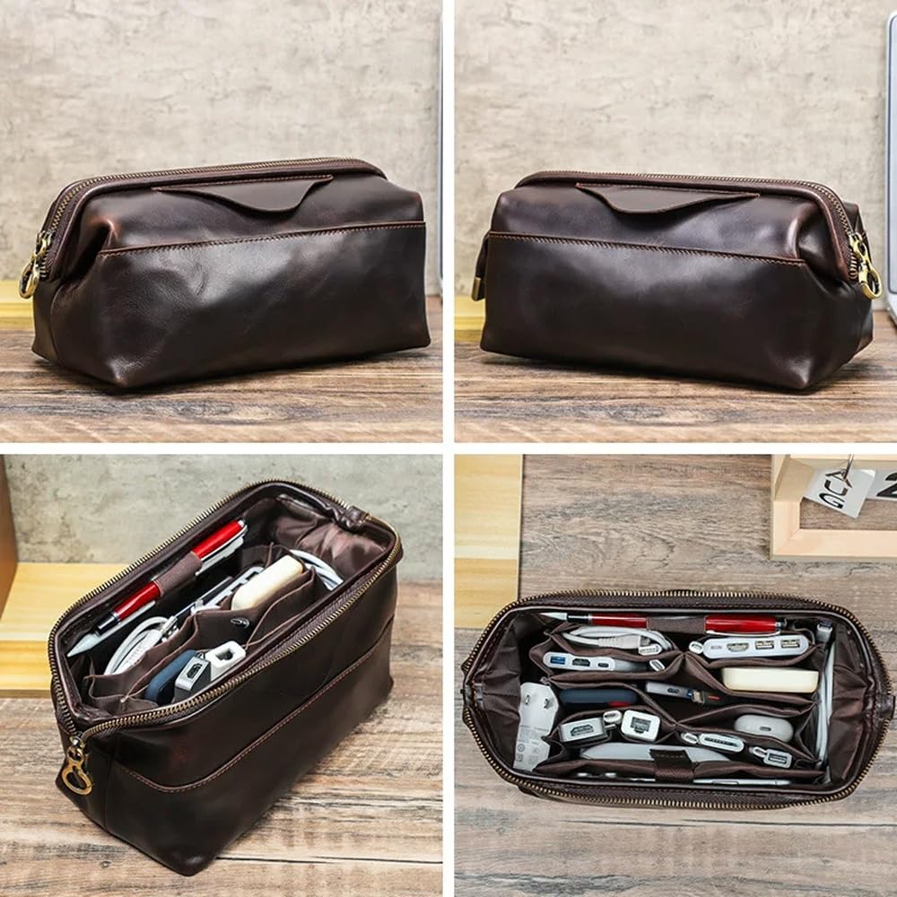 Estuche Organizador de Cuero for Dispositivos electrónicos de Viaje, Bolsa de Transporte for Almacenamiento de Cables con Cremalleras, Bolsa tecnológica(Brown)
