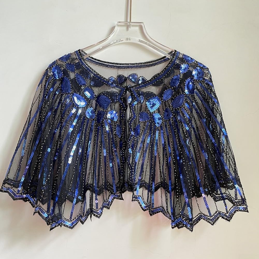 Short Beaded Sequin Cape for Women in Vintage 1920s Style Perfect for Evening Parties and Wedding Events with Classic Flapper Vibe (Black+Blue)