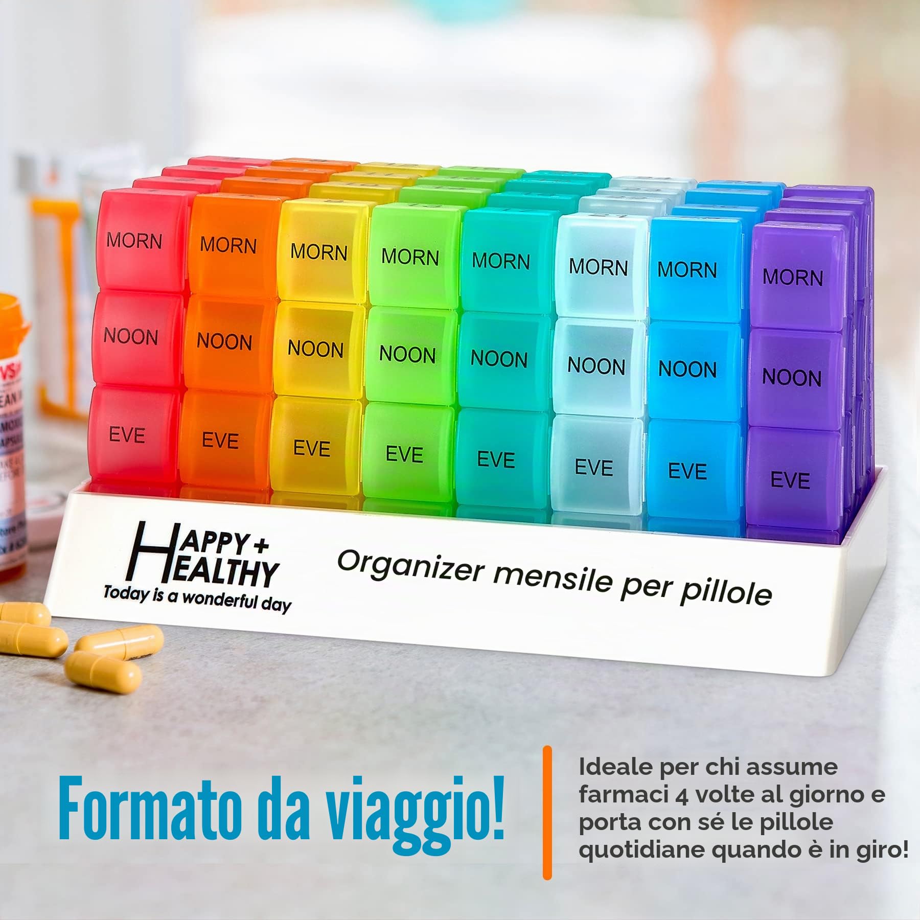 Organizzatore Portapillole Mese - 4 Volte Al Giorno Mattina-Mezzogiorno-Sera-Notte - Grandi 32 Portapillole Giornalieri con Scomparti per Vitamine, Integratori