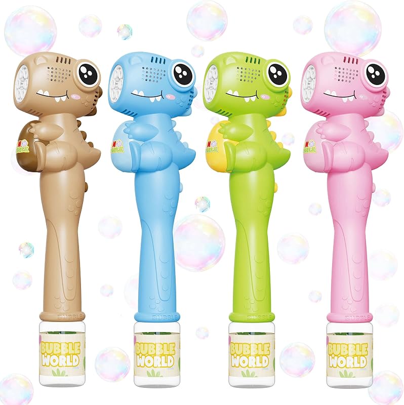 Paquete de 4 varitas de burbujas automáticas para niños, máquina de burbujas de dinosaurio con batería recargable, juguetes para interiores y exteriores para niños y niñas de 3 a 8 años, regalo de fiesta de cumpleaños de Pascua