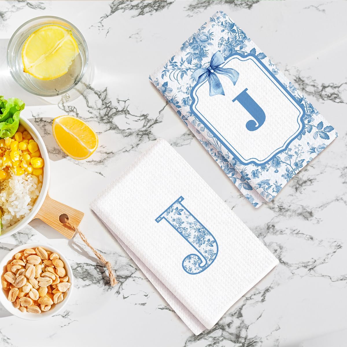 Chinoiserie Initial Kitchen Towels, Personalized Gifts for Women, Personalized Kitchen Towel, Initial J Waffle Dish Hand Towel for Home Bathroom Baking Dining Bar Decor Set of 2 14x24 Inch image 4