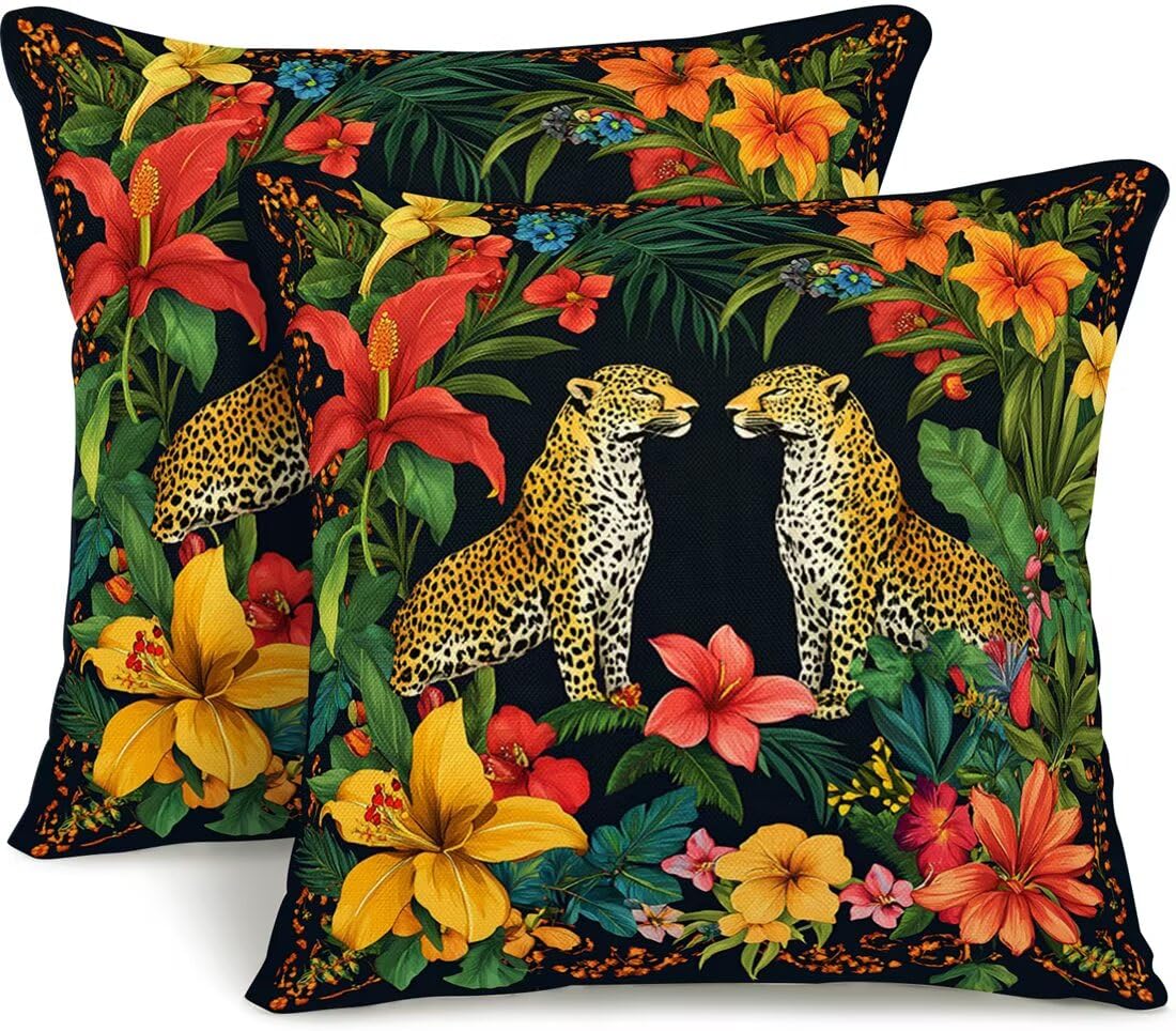 Wangllpgy Leopard Cushion Covers 35Cm X 35Cm Set Of 2 Throw Pillow Covers Jungle Flowers Pillow Cases Autumn Sofa Cushions Decorative Pillows With Invisible Zipper Pillowcases For Bedroom Living Room -Gy479