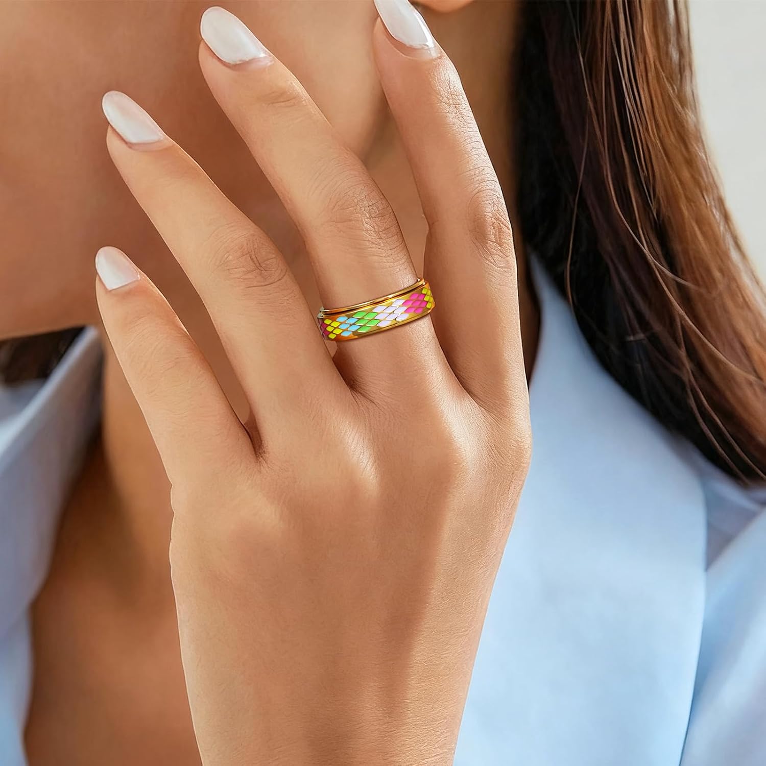 AmorArtSky Checkered Fidget Ring for Adults - 18K Gold Plated Stainless Steel Rotating Spinner Jewelry, Anxiety & Stress Relief Gift for Women/Men (Multicolor Diamond Pattern) - Image 2