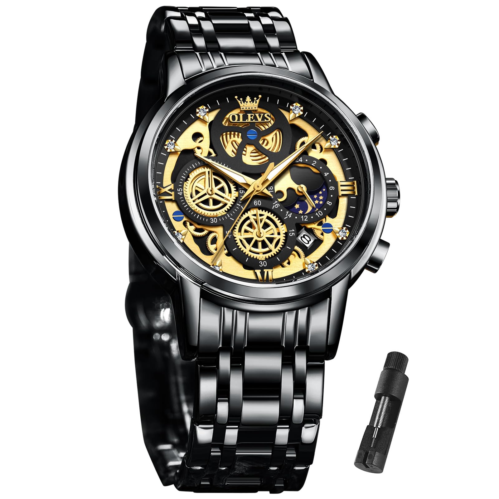 OLEVS Skeleton Watch for Men Stainless Steel Chronograph Watch for Men Classic Waterproof Mens Watches with Date Luxury Business Men's Analog Wrist Watches, relojes para Hombres Blue/Black/Gold/White