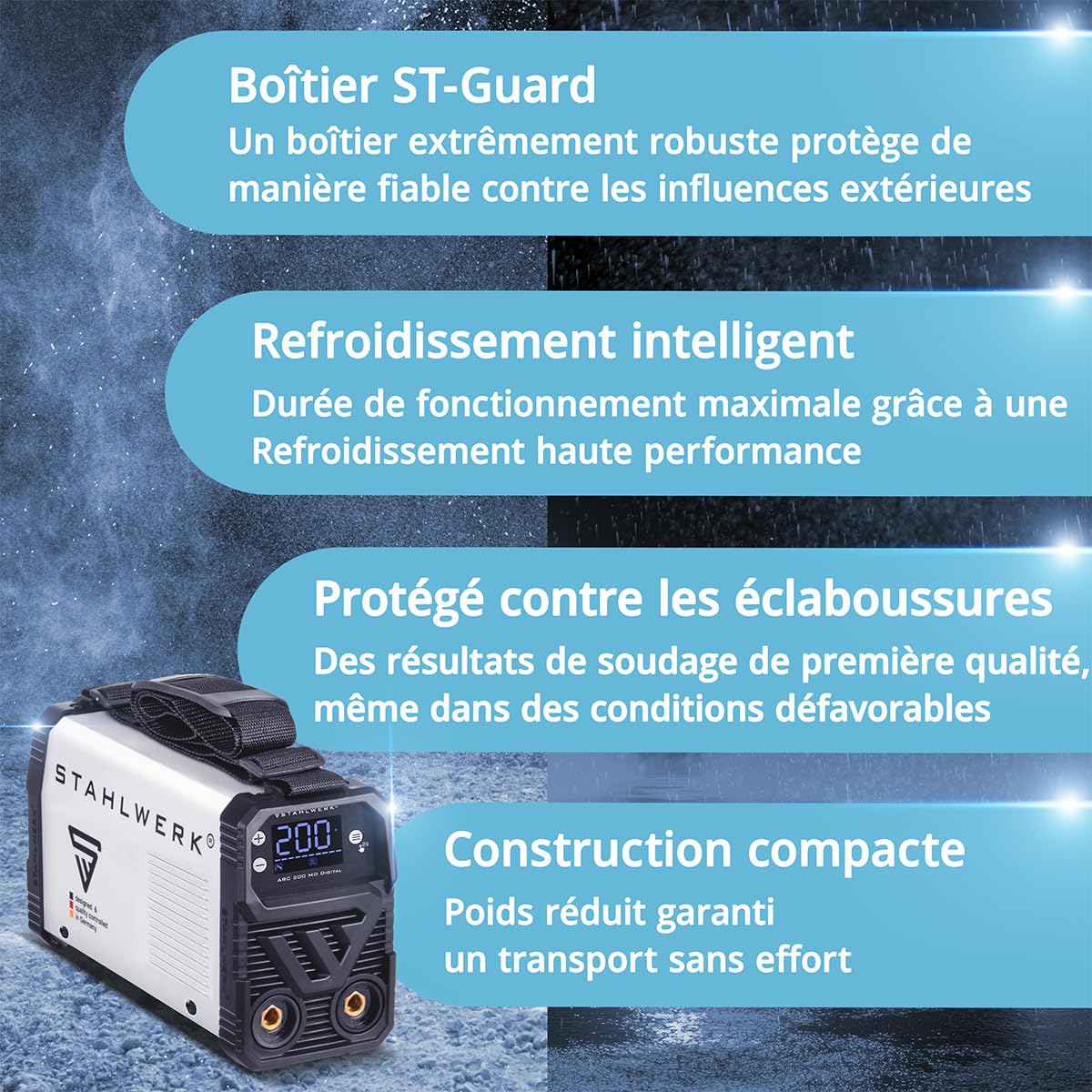 STAHLWERK Poste à souder à l'électrode ARC 200 MD Digital – MMA & Lift-TIG (DC) jusqu'à 200 A, utilisation flexible sans gaz, ARC-Force, Hotstart, Anti-Stick, Smart Cooling & protection surchauffe