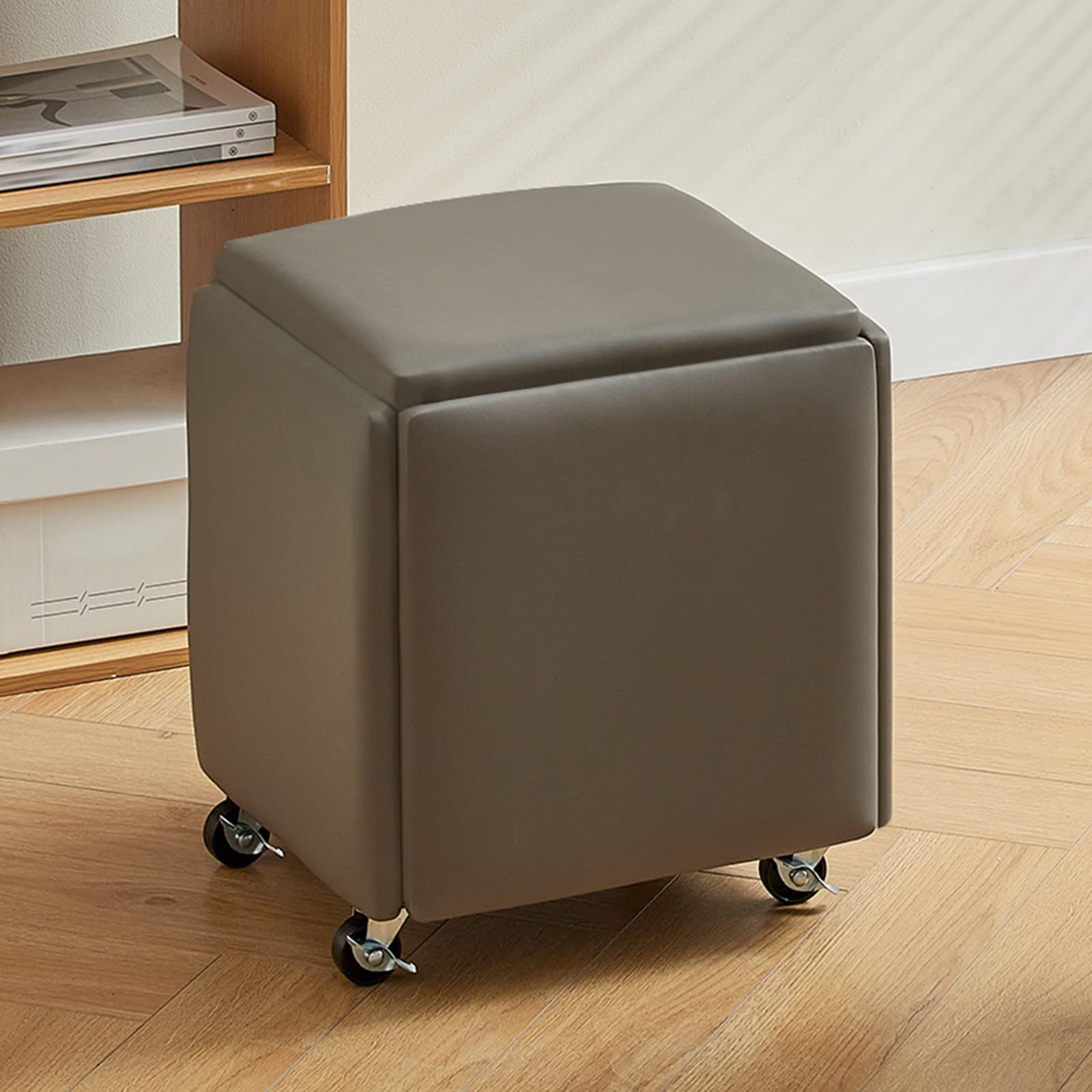 Lot de 5 chaises cubiques empilables pouf modulable 5 en 1 en cuir gris à roulettes salon salle à manger