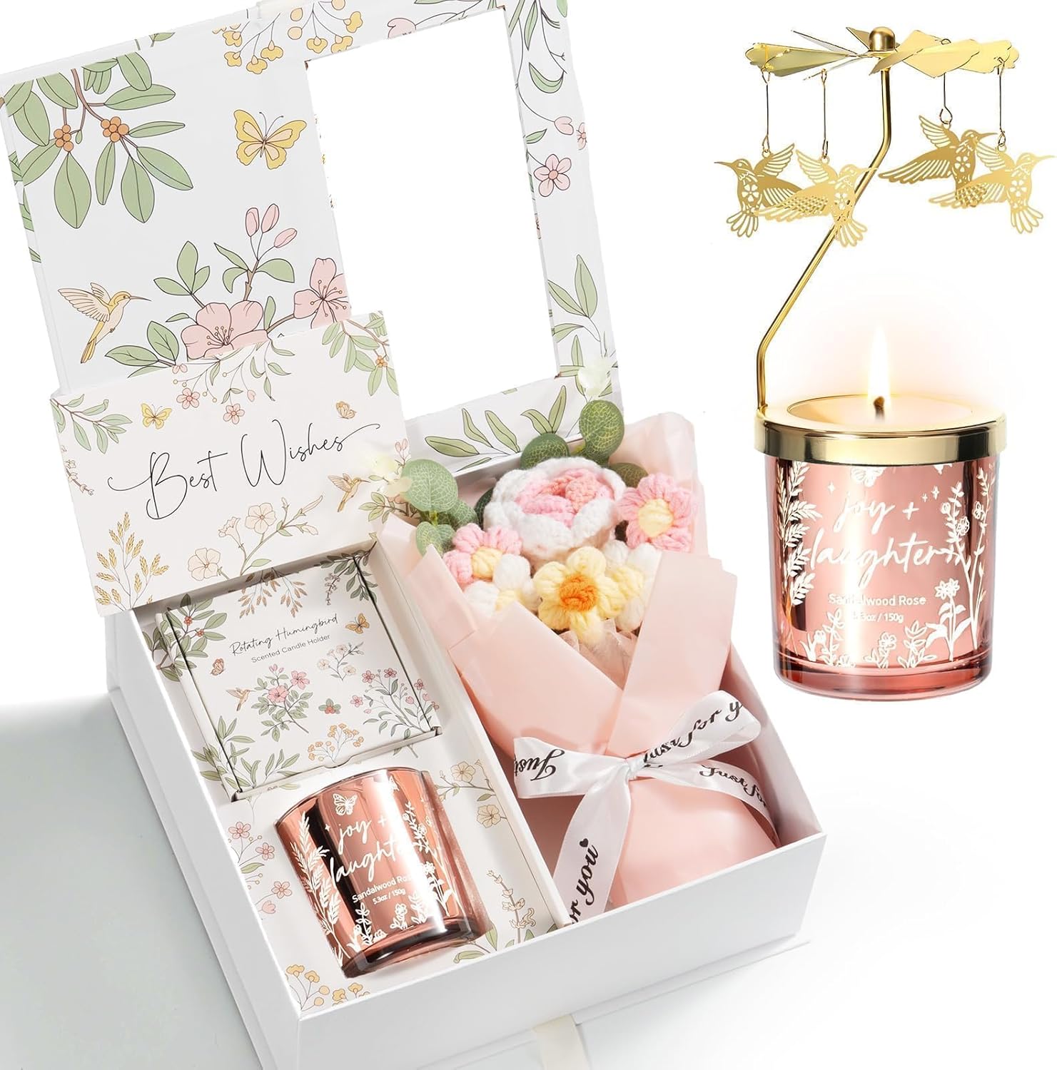 Unique Birthday Gifts for Women, Easter Basket Mother's Day Gifts for Women Her Mom Sister Grandma Wife, Christmas Candles Hummingbird Rotating Scented Candles Set for Woman w/Crochet Flower Bouquet