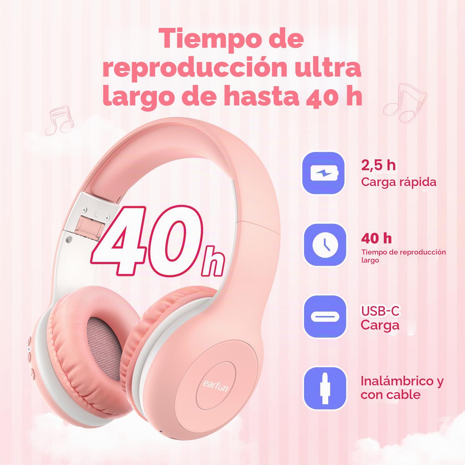 EarFun K2 Auriculares Niños Bluetooth, Cascos Inalámbricos,Pack 2,Azul&Rosa | Volumen Limitado 85/94 dB, Sonido Estéreo, 40H de Autonomía, Diadema Plegable para Escuela/Viaje/Movil/Tablet/PC