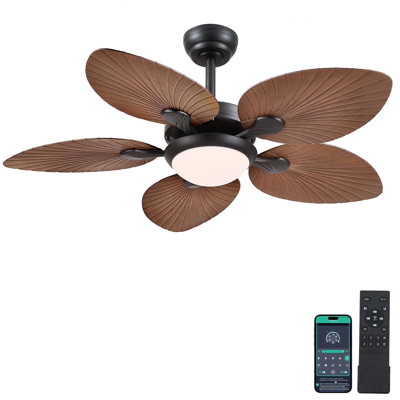 Tropical Ceiling Fans with Lights and Remote/APP Control, 44 Inch Palm Leaf Ceiling Fan with LED Lights, Outdoor Ceiling Fans for Patios Porch, Reversible Quiet Motor, Dimmable, Light Brown