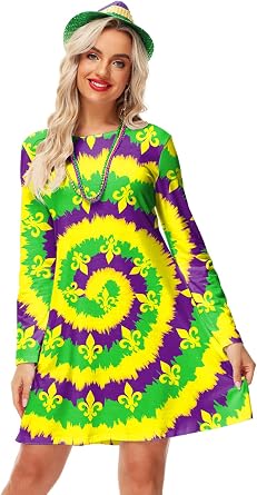 Women St Patricks Dress Long Sleeve Mardi Gras Holiday Printed A Line Dresses with Pockets