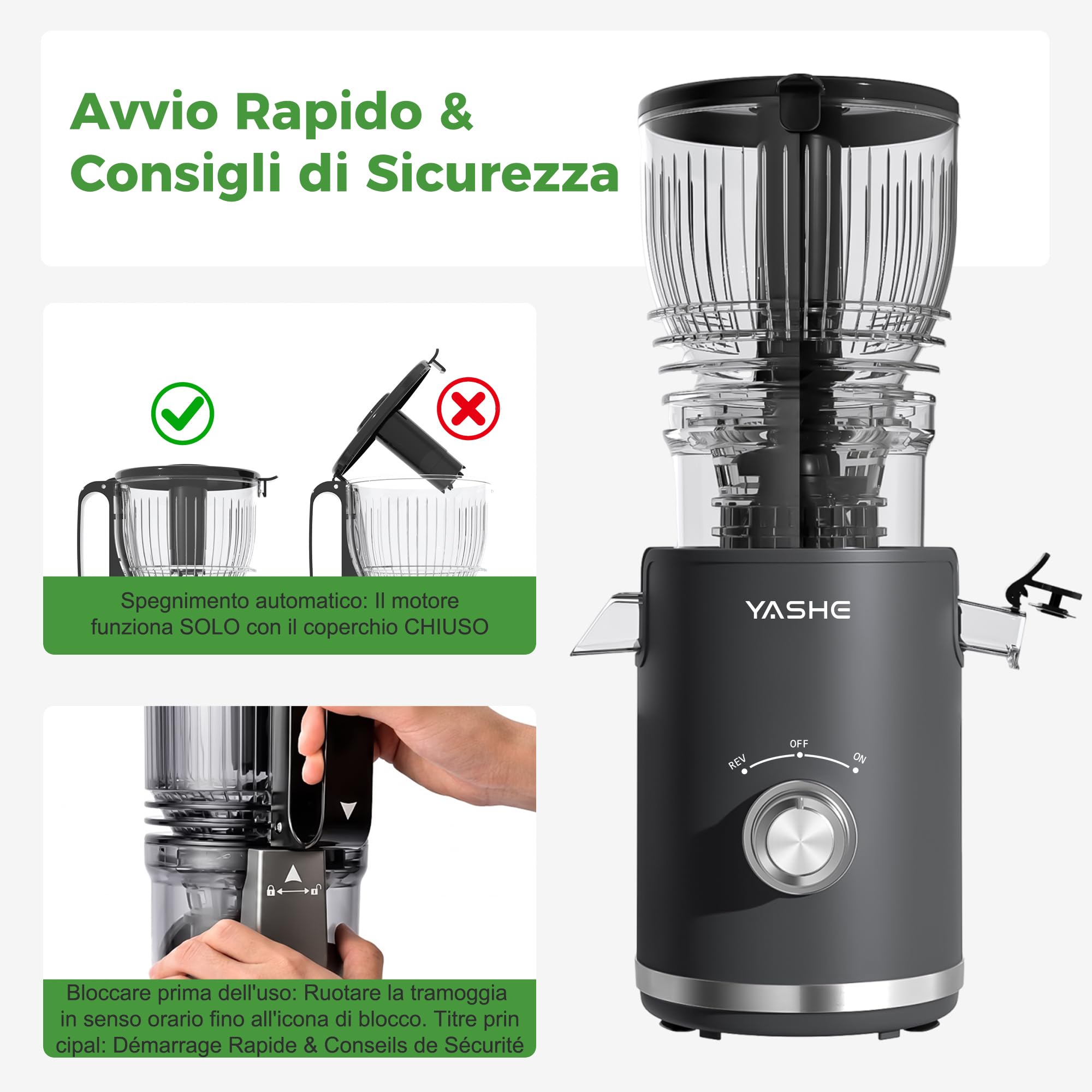 YASHE Estrattore di Succo Lento 300W, Bocca 148 mm per Frutta e Verdura Intera, Slow Juicer con Funzione Inversa, Motore Silenzioso, Senza BPA, Facile da Pulire