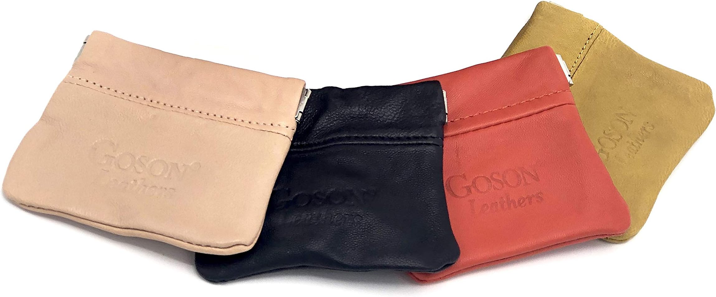 Goson Classic Leather Squeeze Coin Purse change Holder For Men and Women, Pouch size 3.25 in X 3.25 in (4 Pack - Peach, Navy Blue, Orange, Yellow)