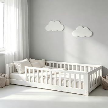 PVWIIK Twin Size Toddler Bed with Safety Guardrails,White | Twin Size Toddler Floor Bed with Open Entrance,Safety Guardrails for Girls & Boys,White
