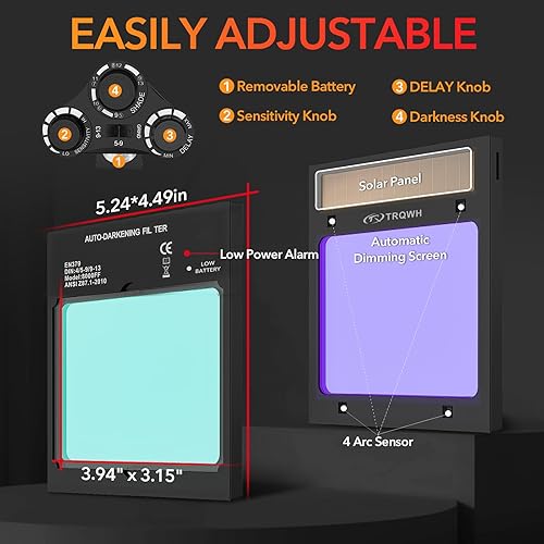 Miniatura 5 de TRQWH Welding Helmet Auto Darkening Large Viewing True Color Solar Powered Welding Mask with 4 Arc Sensor Adjustable Wide Shade Range 45-89-13