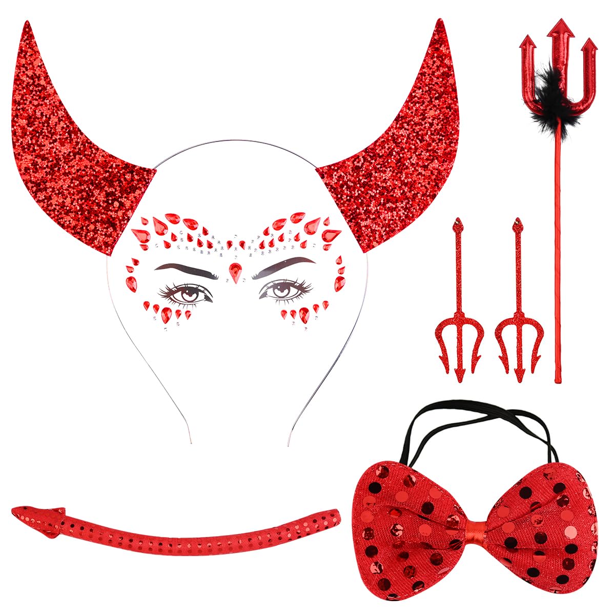 Bofeiya 6 Pcs Devil Horns Costume Accessory Horns Headband Bowtie Tail Pitchfork Face Stickers for Day of the Dead Halloween Fancy Dress Makeup
