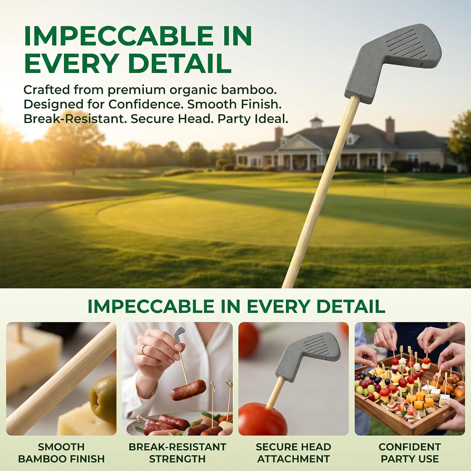 100Pcs 4.7 Inch Golf Party Food Sticks, Reusable Bamboo Food Skewers Set