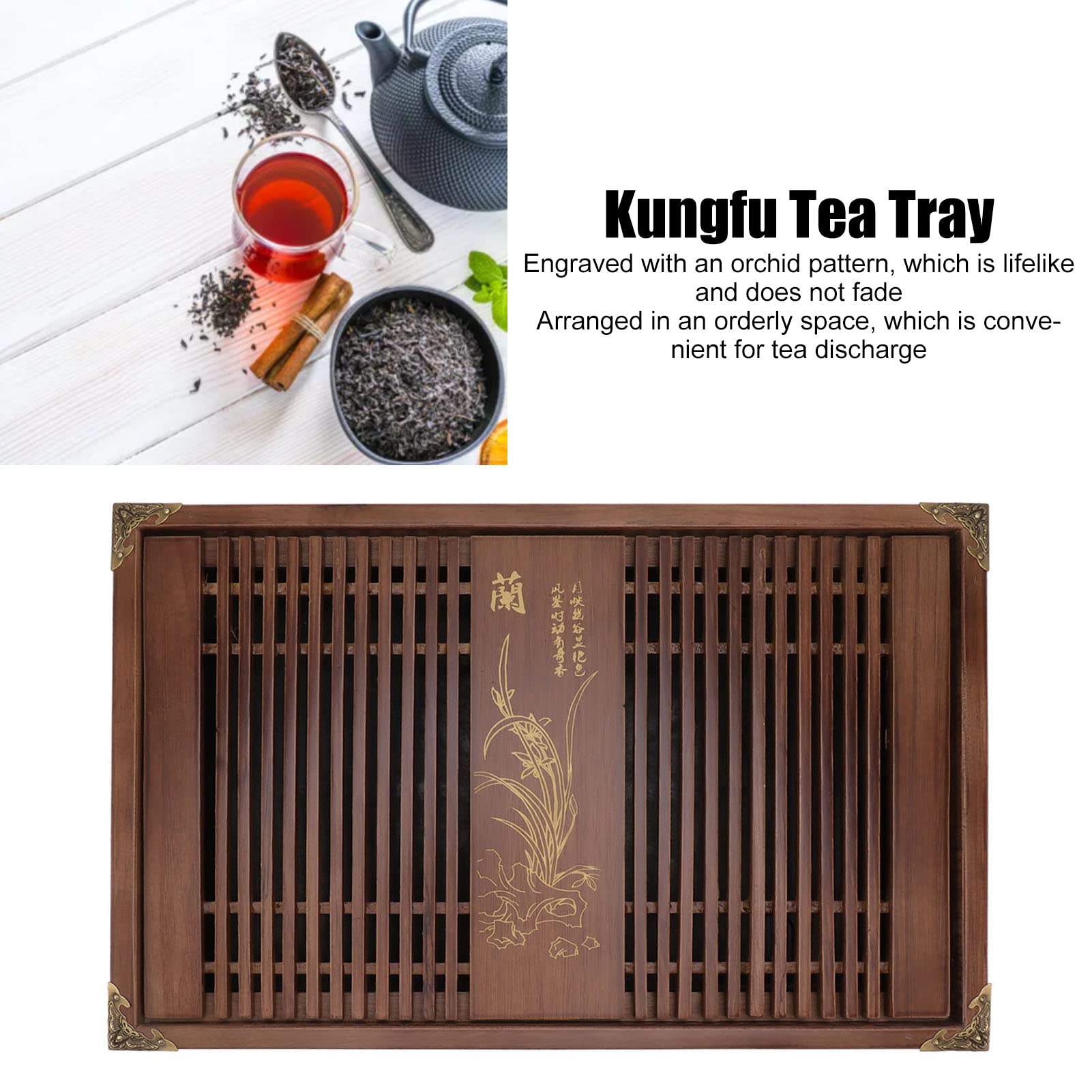 Bandeja de té Kungfu, Almacenamiento de Agua de Drenaje Chino Bandeja de Servicio de té Gongfu con Tubo de Drenaje, Grande 28x43cm / 11.0x16.9in Decoración del Hogar Juego de Mesa (Orquídea negra