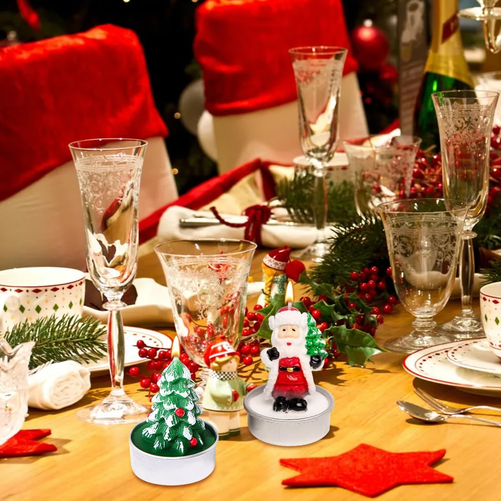 12 Candele Natalizie Fatte A Mano - Set Tealight Con Pupazzo Di Neve, Babbo Natale E Albero
