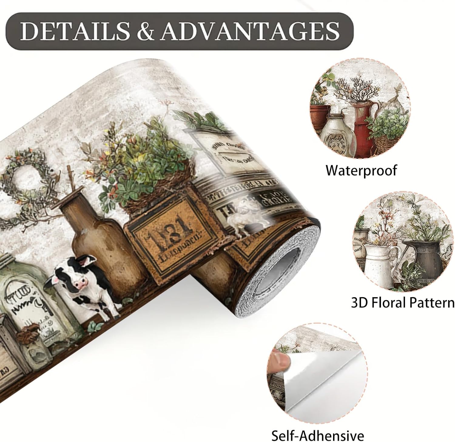 Farmhouse Peel and Stick Wallpaper Border for Kitchen Wall - 15ft x 4in Wipeable Vinyl Rustic Country, Removable Vintage Cotton Floral Border for Bathroom Cabinet