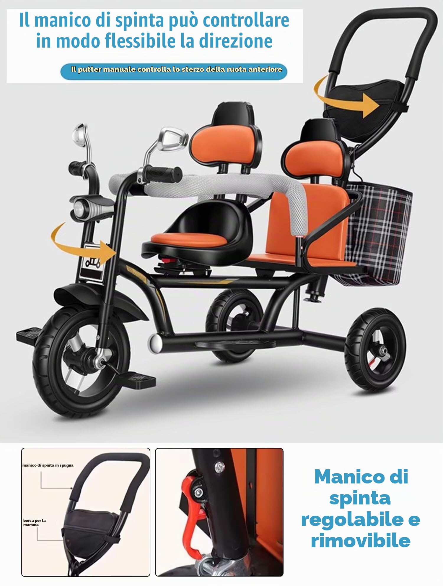 Triciclo pieghevole con pedali, Triciclo tandem con modalità spinta e pedale multicolore