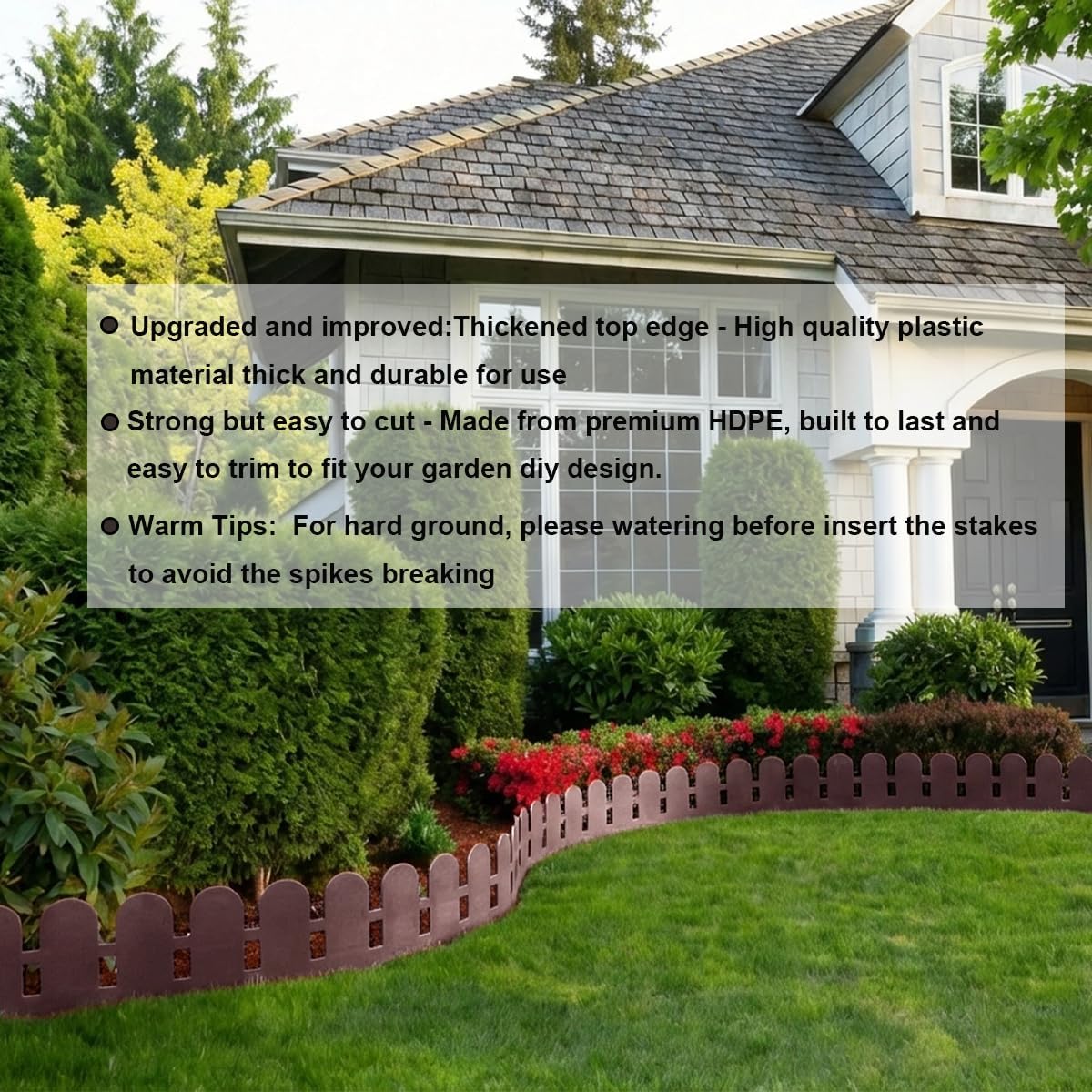 Landscape Edging Borders 5.5IN x 49FT, Garden Edging Border with 75pcs Plastic Spikes, Arched Design Flexible Lawn Edging Without Digging, Landscaping DIY for Tree Flowerbeds Grass Yard -Brown