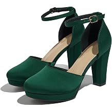 Womens High Block Heels Pumps Round Closed Toe Ankle Strap Dress Wedding Shoes