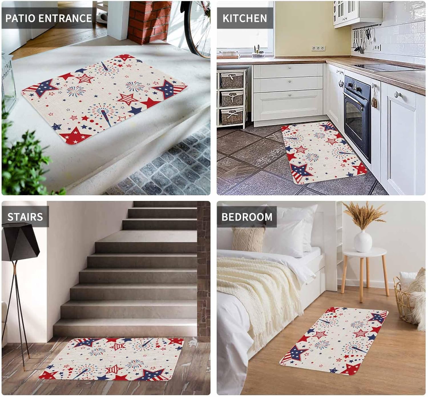 Non-Slip Red White and Blue Stars Doormat Absorbent 4th of July Welcome Mat Stars Firework Front Door Mat Independence Day Patriotic Floor Mat for Indoor,Entry Decoration 16x24 Inch