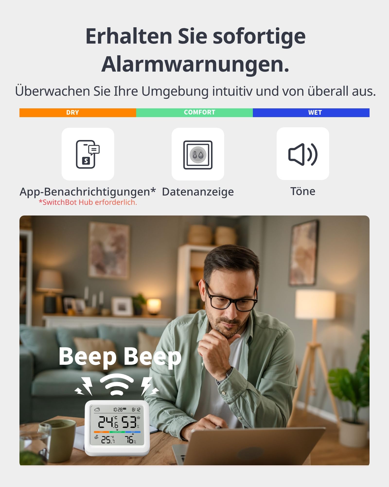 SwitchBot Wlan Wetterstation Funk mit Außensensor, Matter Hygrometer Thermometer Innen, Temperatursensor mit IP65 Außenthermometer und Matter Hub, Kompatibel mit Alexa, Apple Home, Google Home
