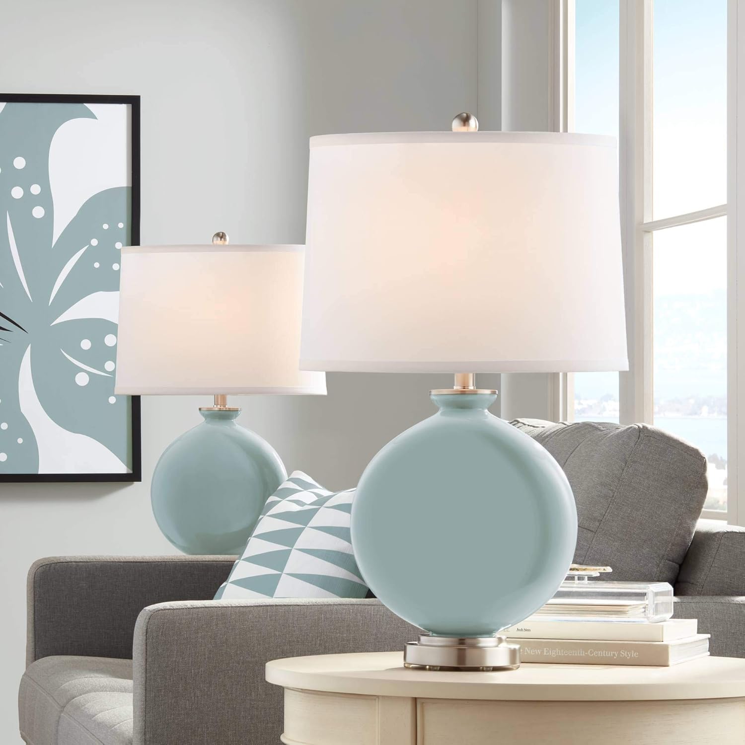 Color + Plus Carrie 26 1/2" Tall Round Modern Coastal Table Lamps Set of 2 Aqua-Sphere Blue Brushed Nickel Finish Glass White Shade Living Room Bedroom Bedside Nightstand House Office Home Reading