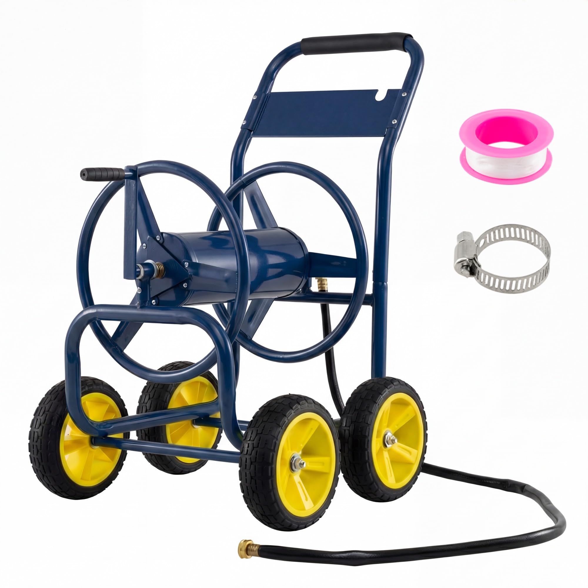 GiantexUK Garden Hose Reel Cart, Heavy-Duty Metal Hose Pipe Trolley with 4 Wheels & Padded Handle, Holds 100m of 16mm/ 120m of 13mm Hose, Portable Hose Organizer for Outdoor Lawn Yard (Navy)