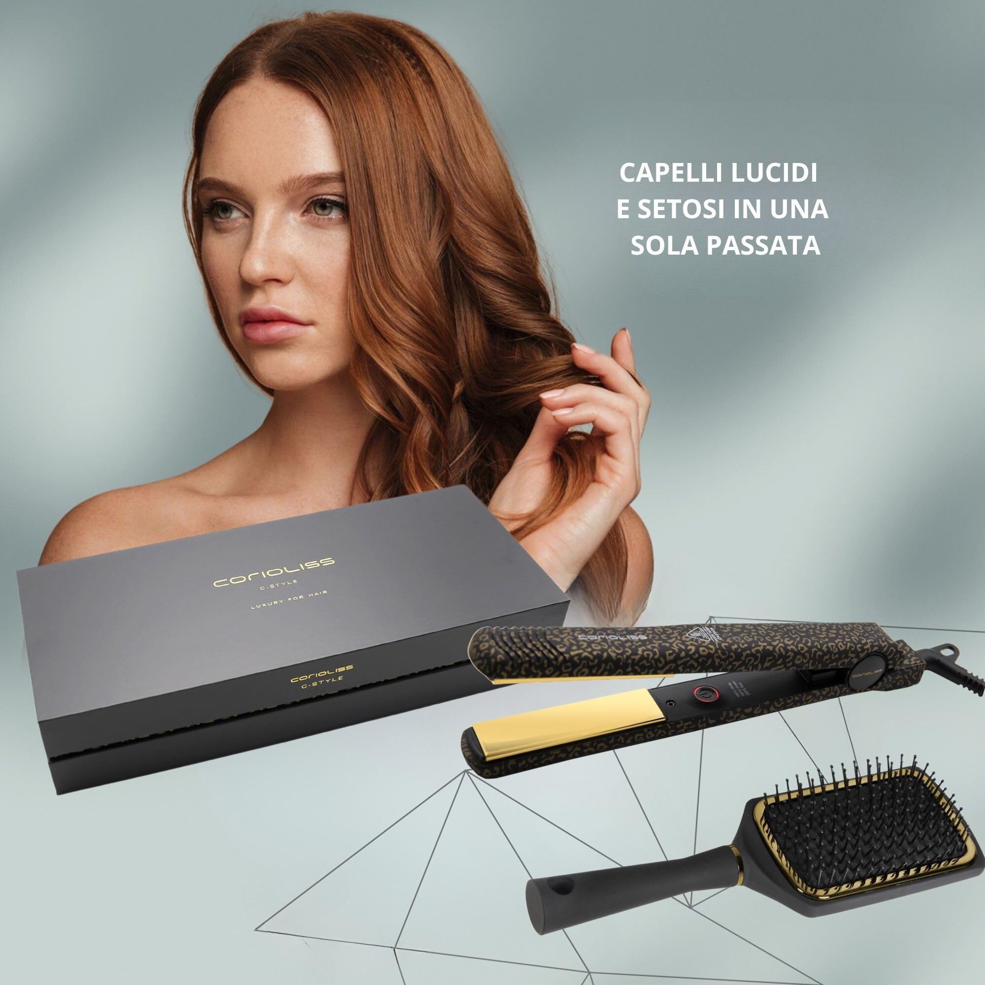 Corioliss C-Style | Piastra per Capelli | Piastre in Titanio | Controllo Temperatura 165º-220º | Ioni | Onde e Liscio | Con Spazzola Paddle | Riscaldamento Rapido | Cavo Girevole | Leopard Gold